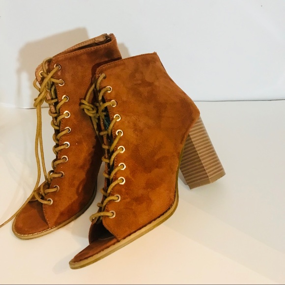 Open-Toe Lace-up Block Heeled Booties Size 8 - Picture 3 of 8